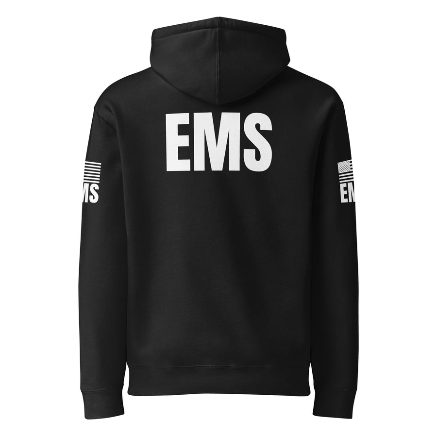 Paramedic / EMT / EMS collection — black EMS heavyweight hoodie, back view