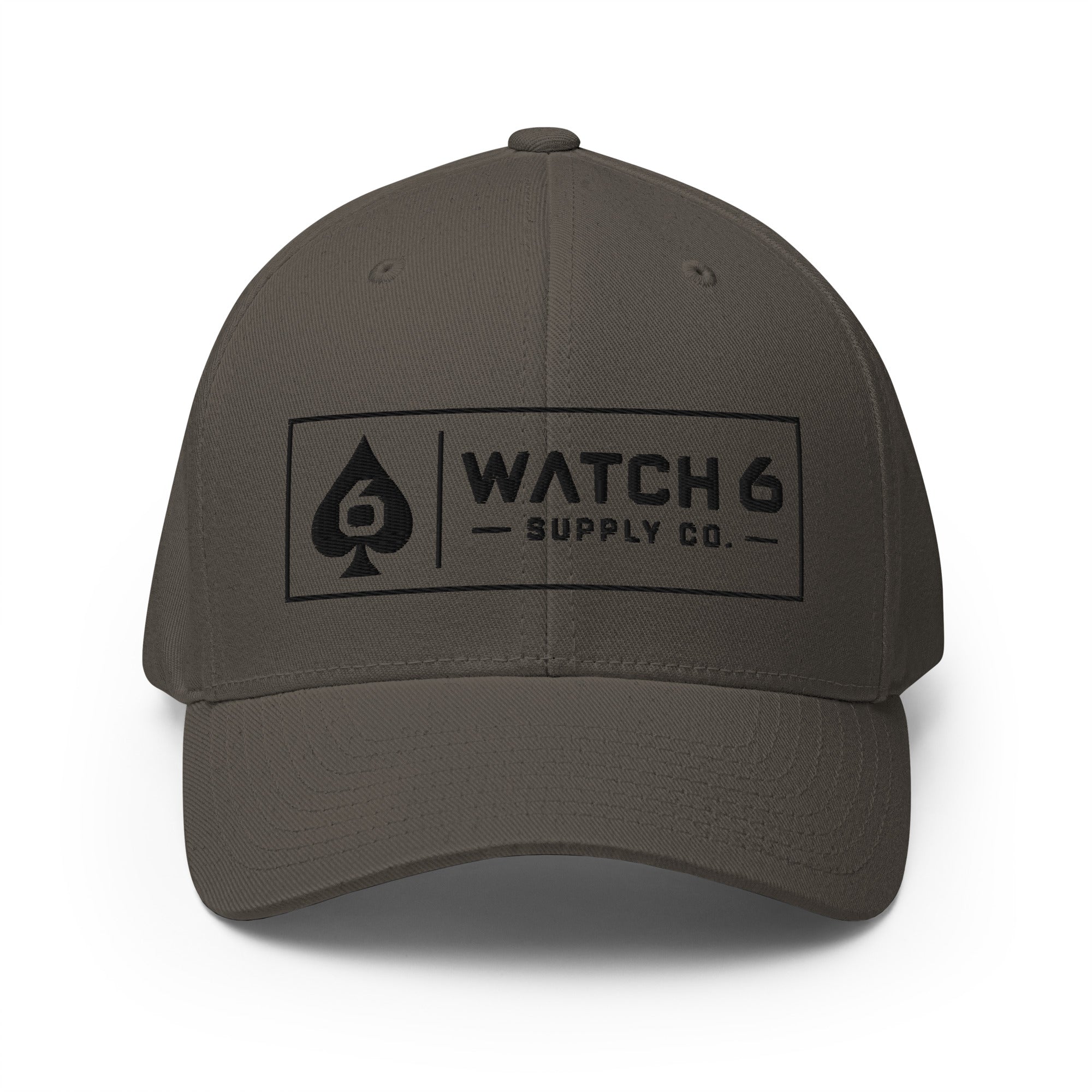 embroidered Watch 6 Six of Spades structured twill cap in Dark Grey, front view