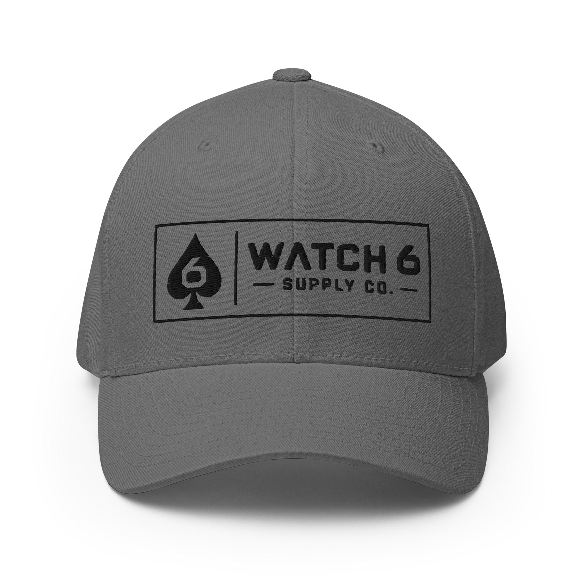 embroidered Watch 6 Six of Spades structured twill cap in Grey, front view