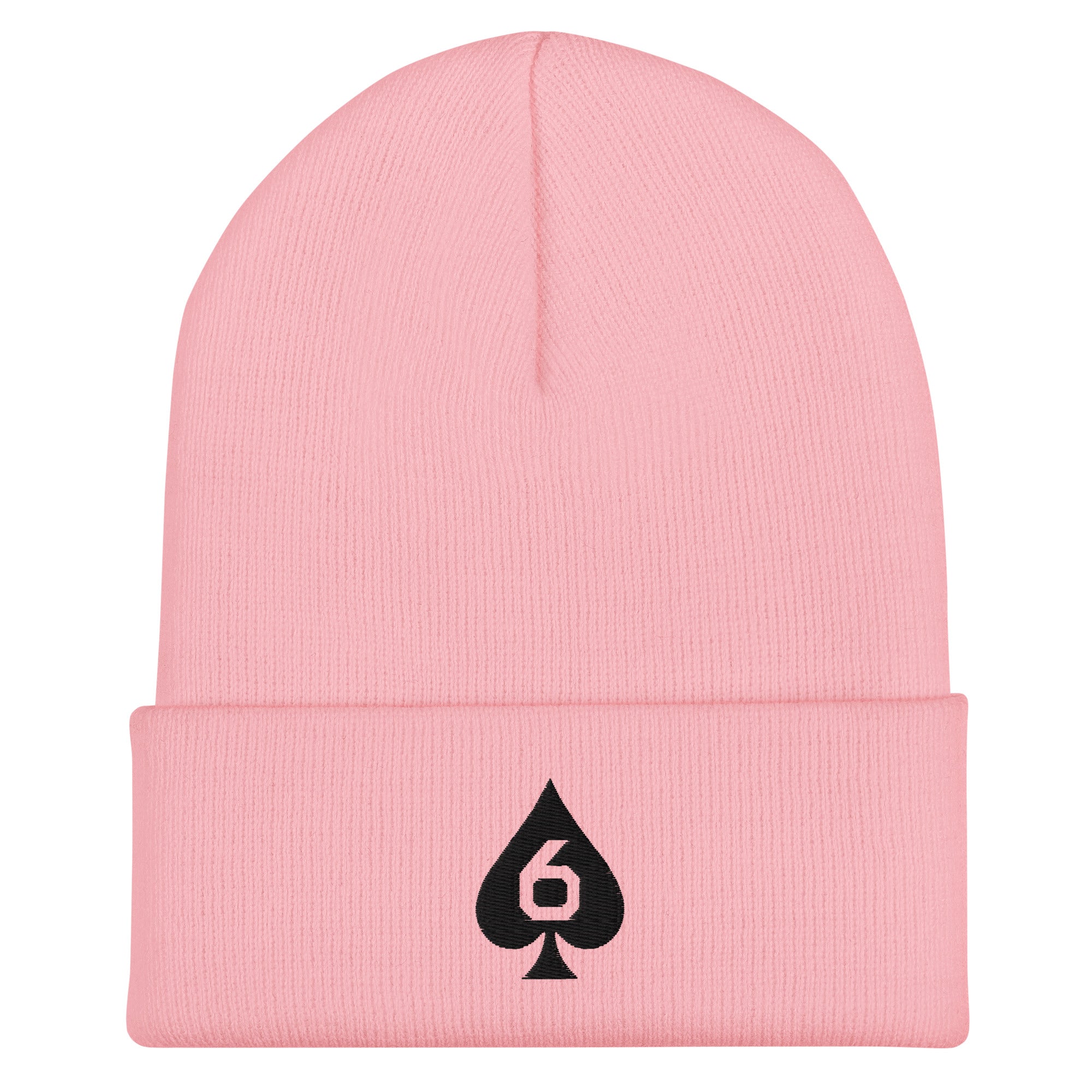 embroidered Six of Spades beanie in Baby Pink, front view
