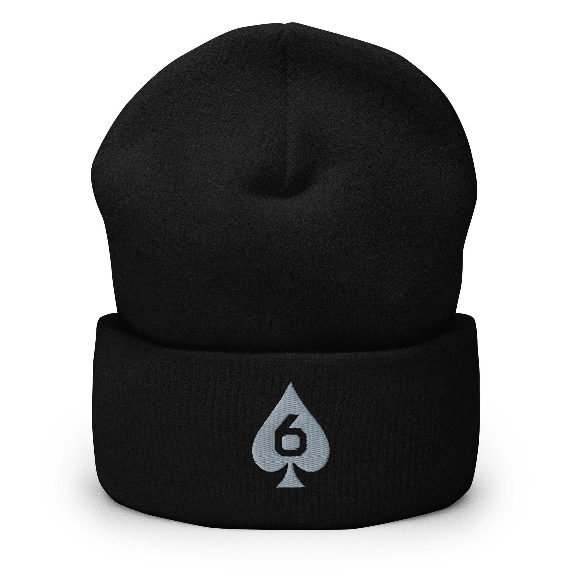 embroidered Six of Spades beanie in Black, front view