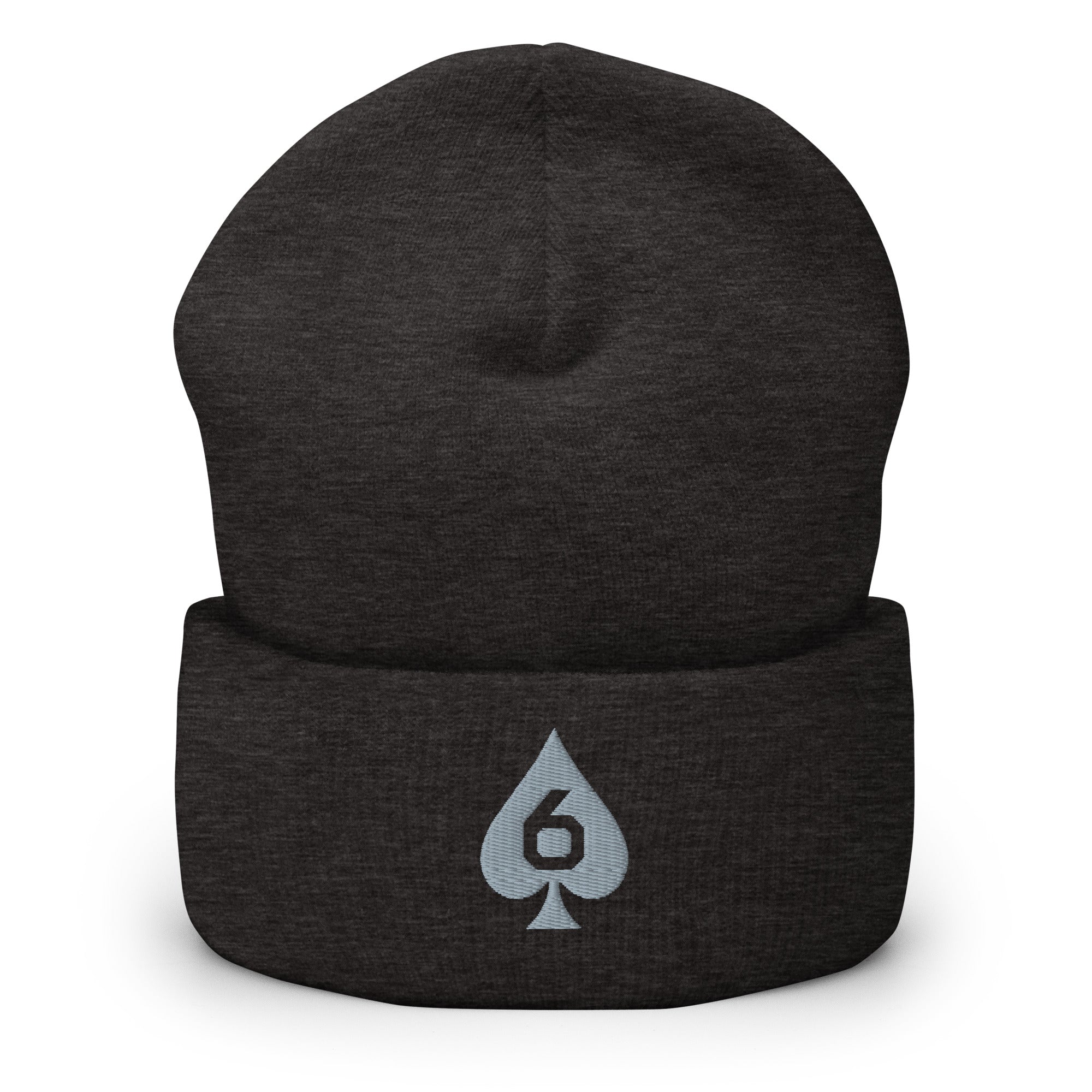 embroidered Six of Spades beanie in Dark Grey, front view