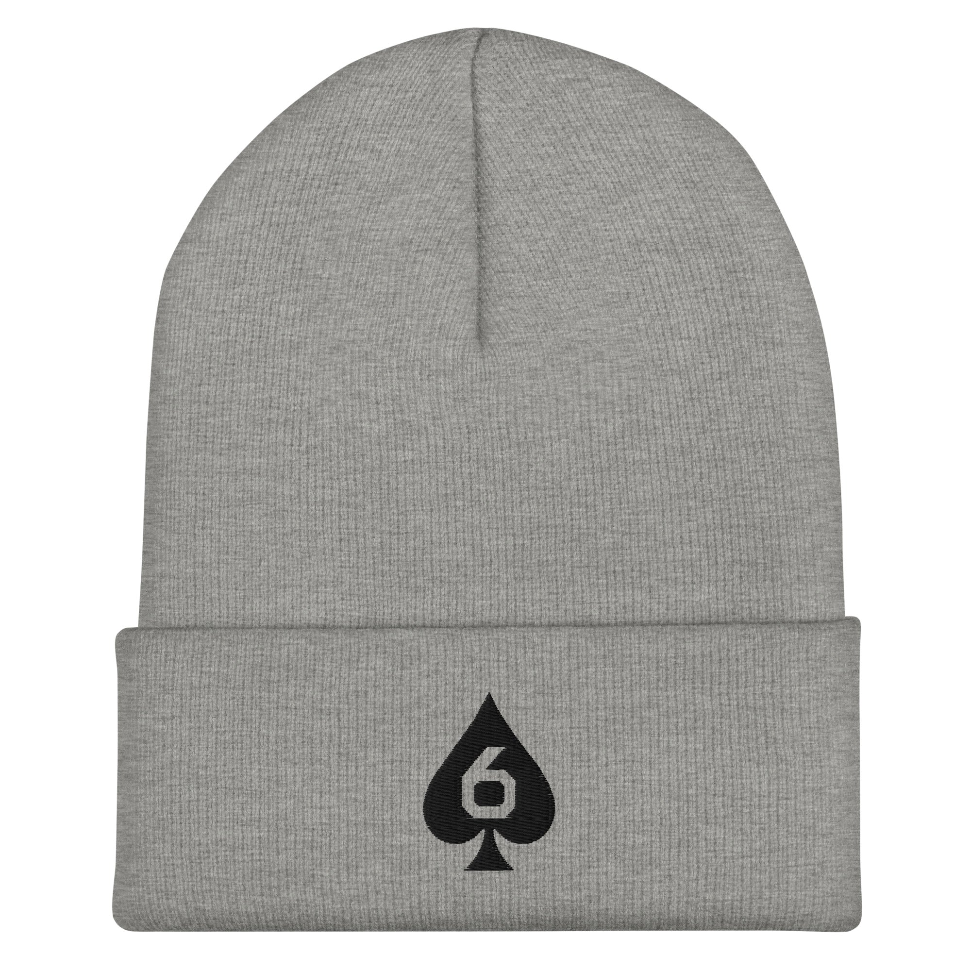 embroidered Six of Spades beanie in Heather Grey, front view
