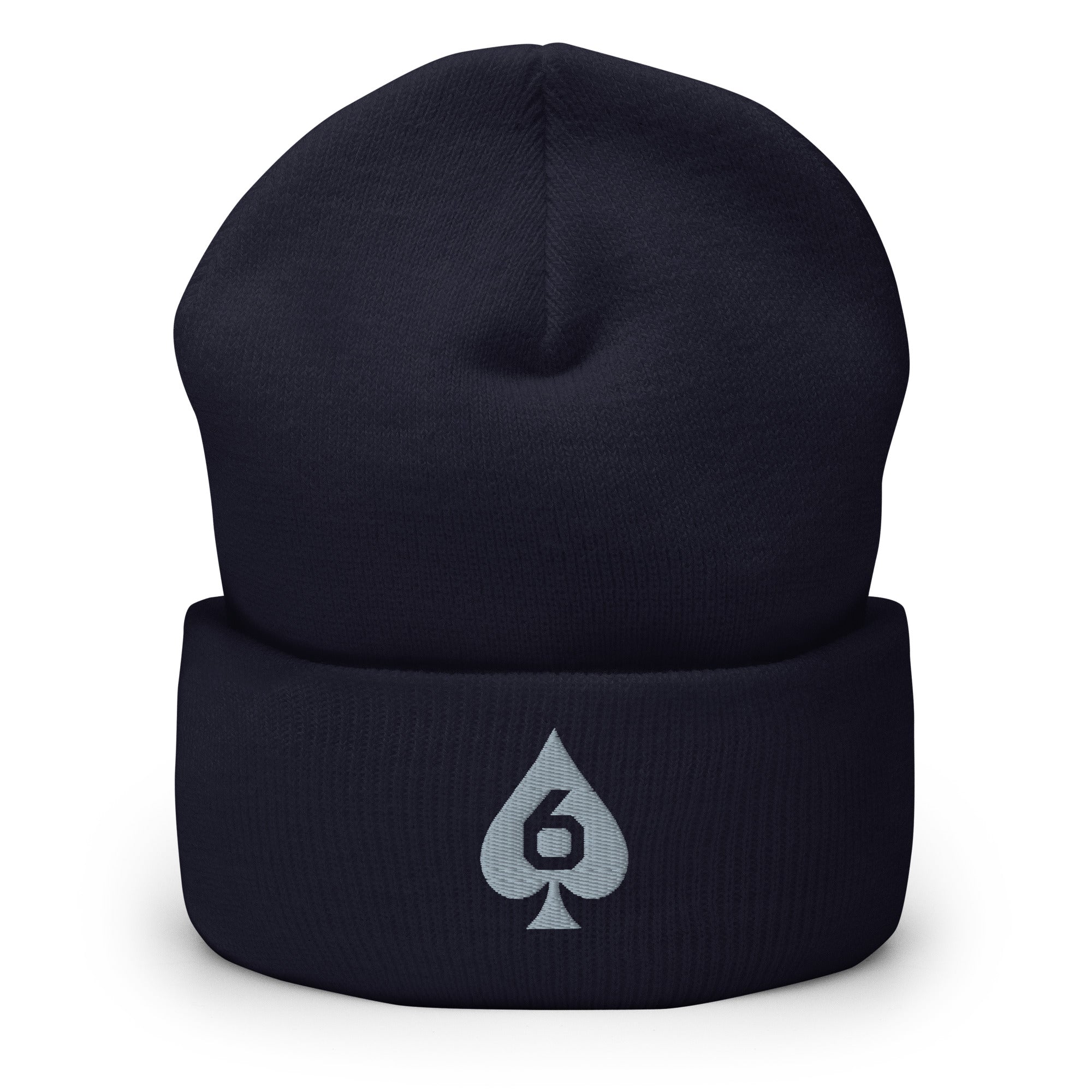 embroidered Six of Spades beanie in Navy, front view