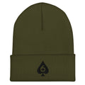 embroidered Six of Spades beanie in Olive, front view