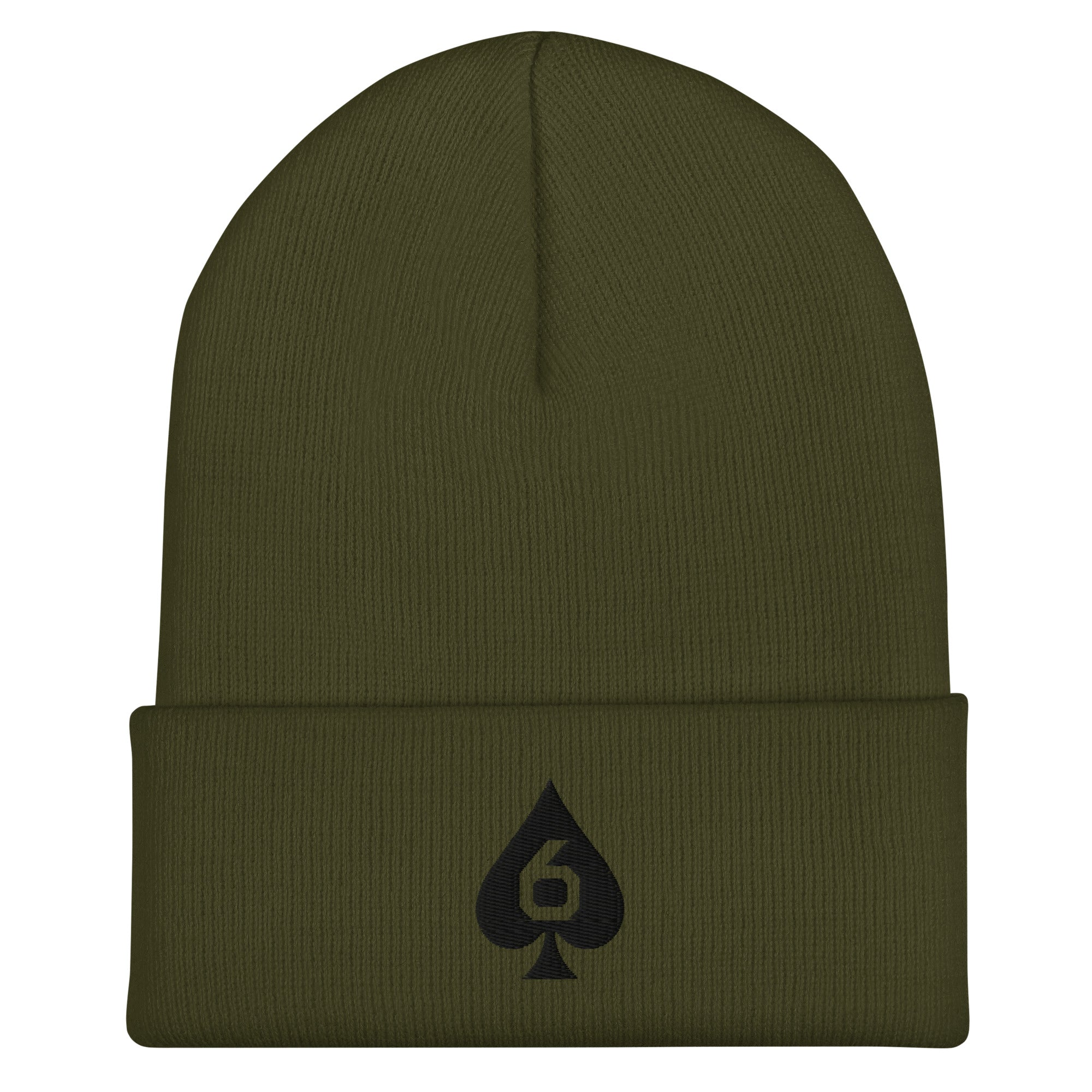 embroidered Six of Spades beanie in Olive, front view