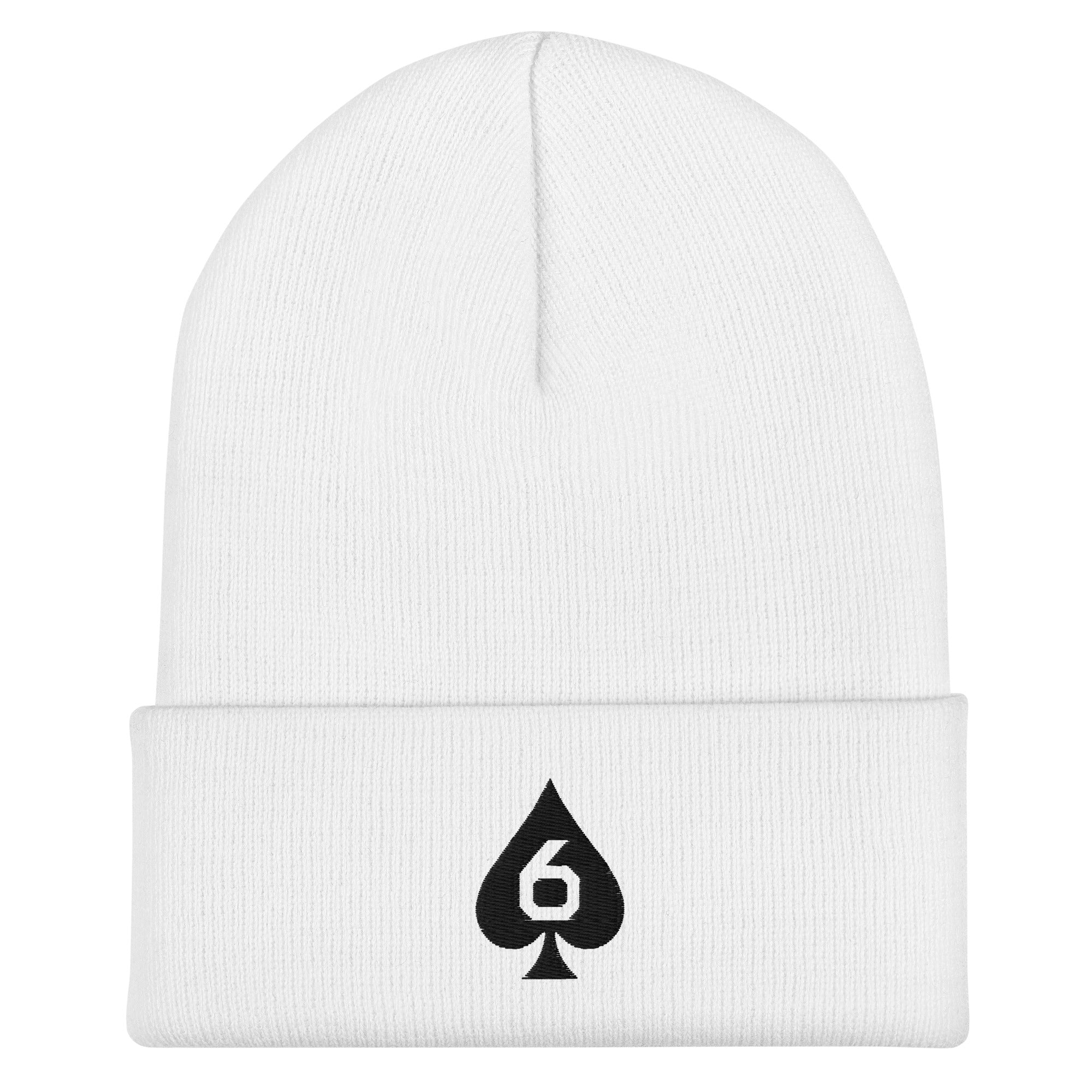 embroidered Six of Spades beanie in White, front view