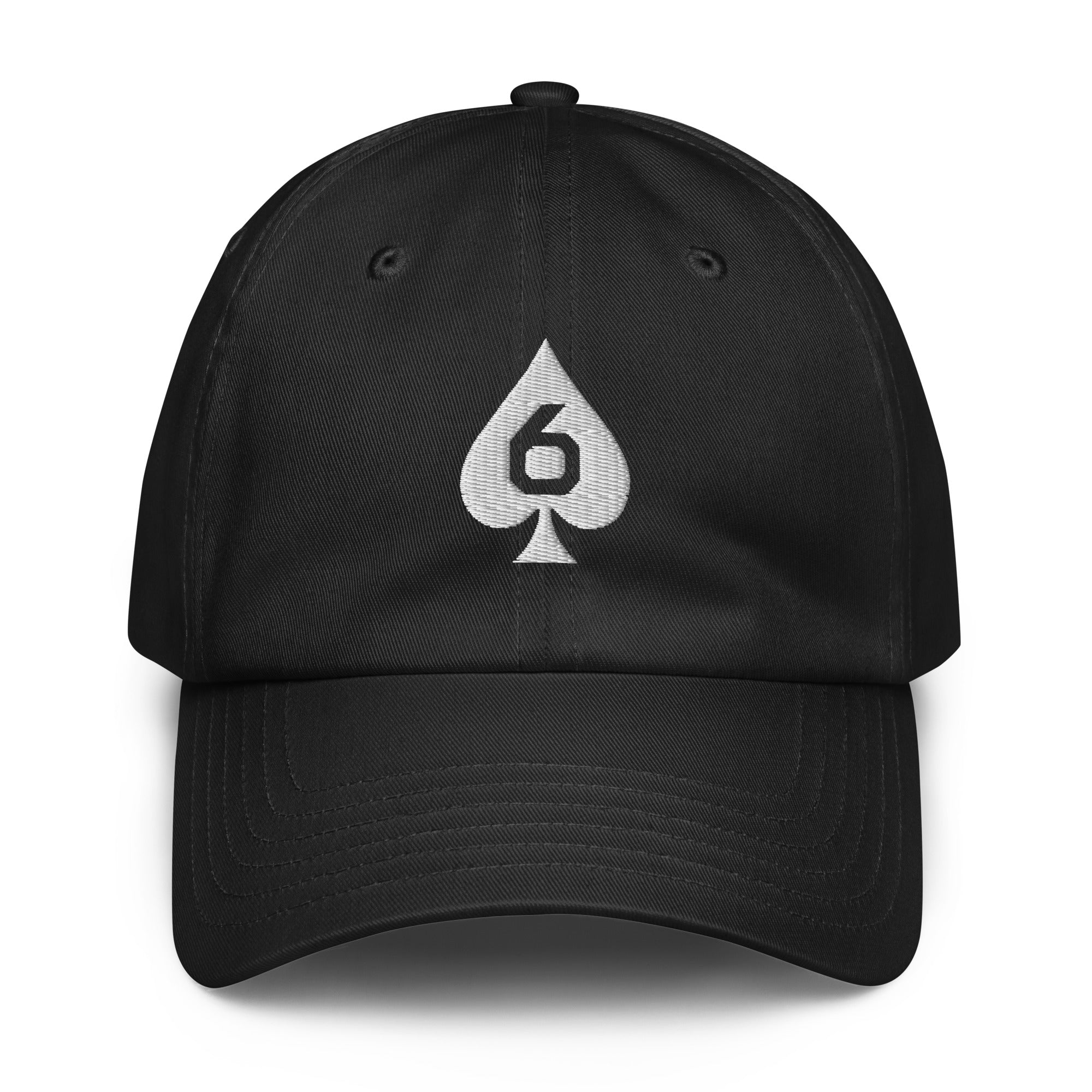 Under Armour dad hat with embroidered Six of Spades mark in Black, front view