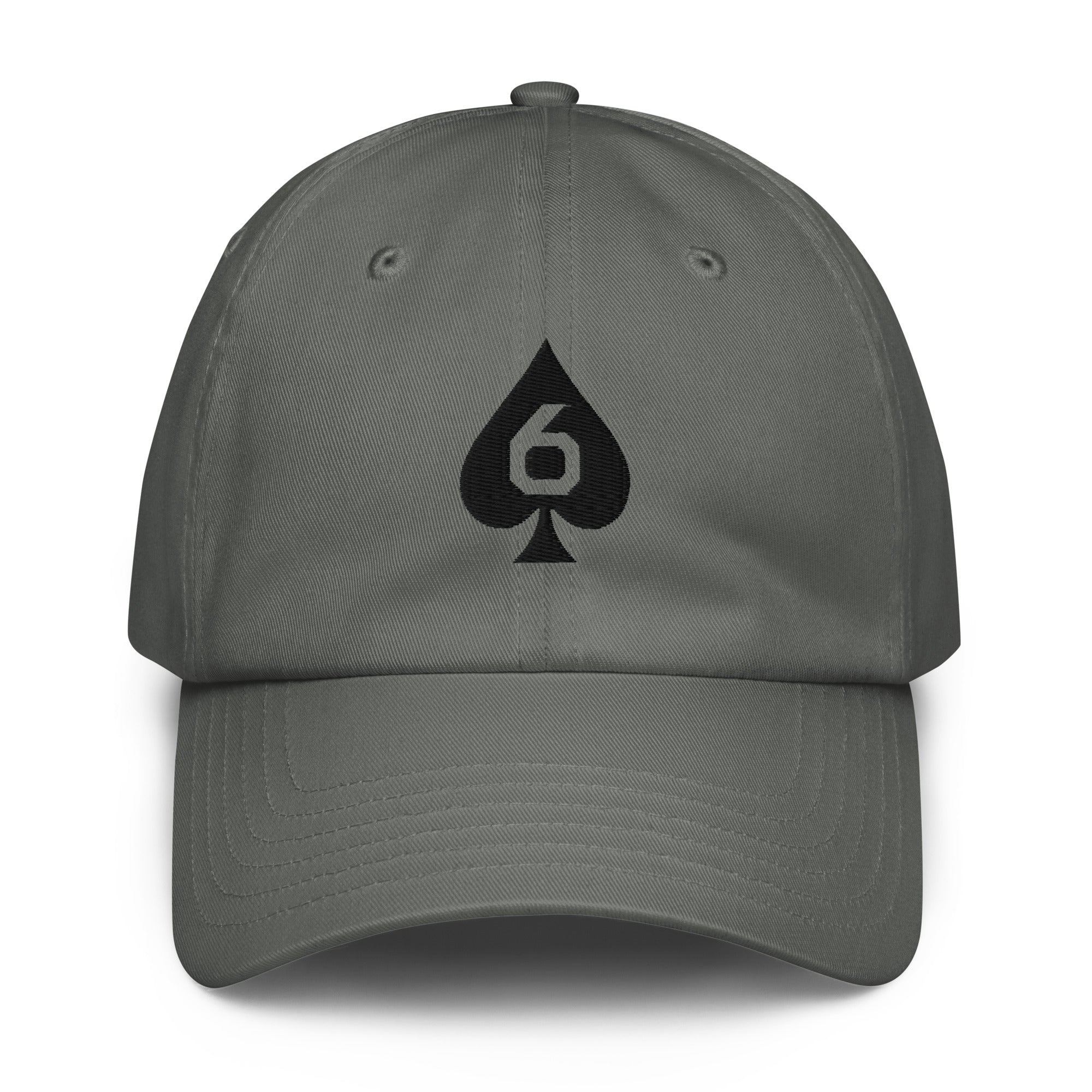 Under Armour dad hat with embroidered Six of Spades mark in Grey, front view