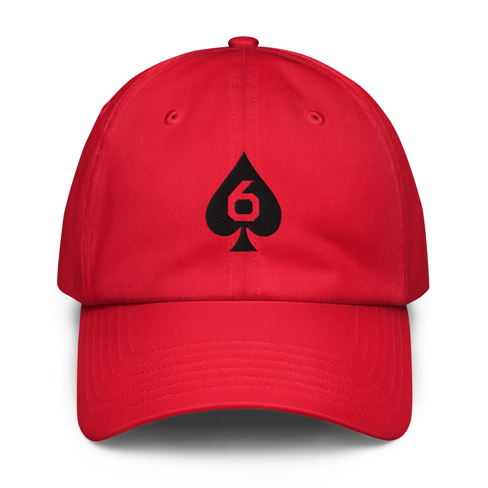 Under Armour dad hat with embroidered Six of Spades mark in Red, front view
