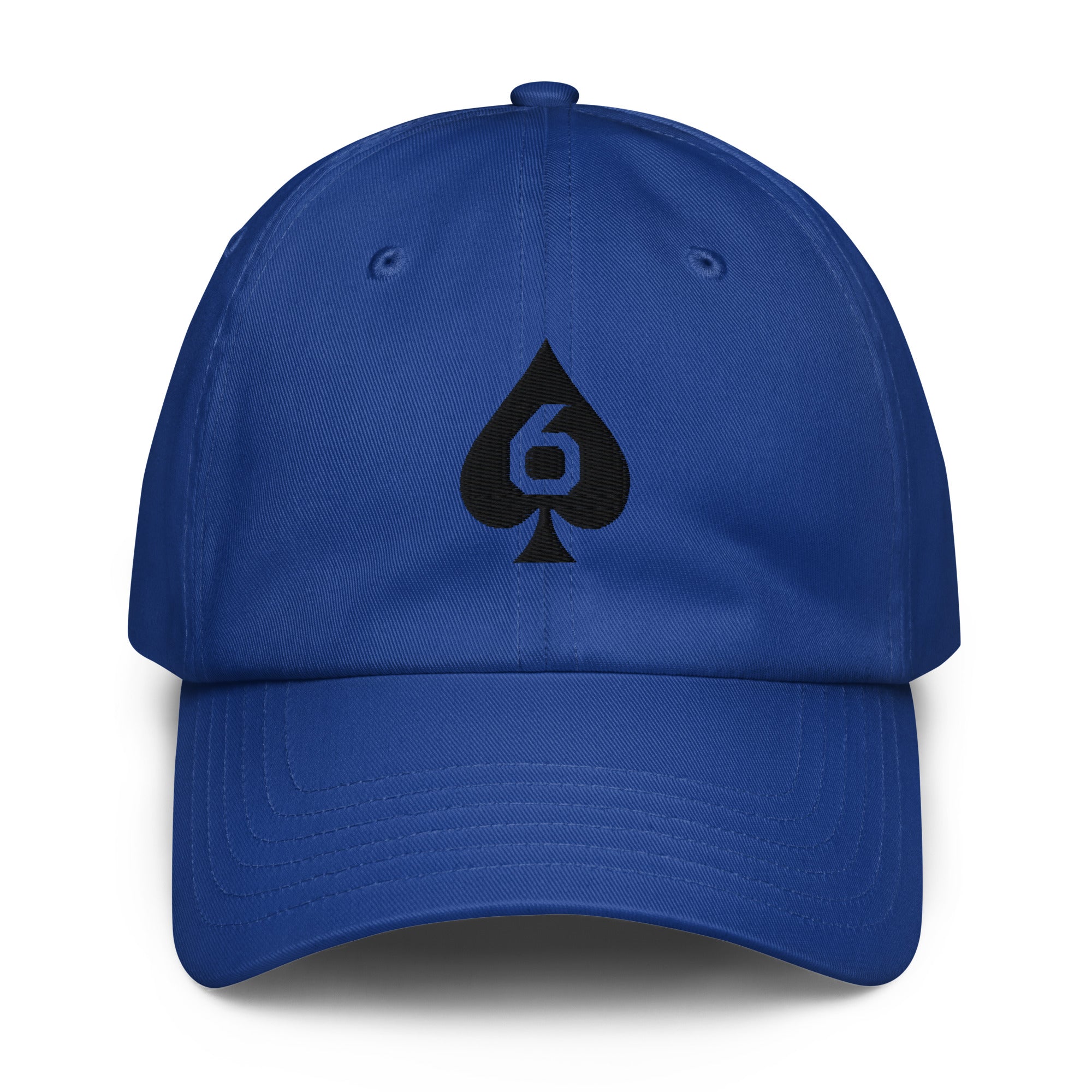 Under Armour dad hat with embroidered Six of Spades mark in Royal Blue, front view