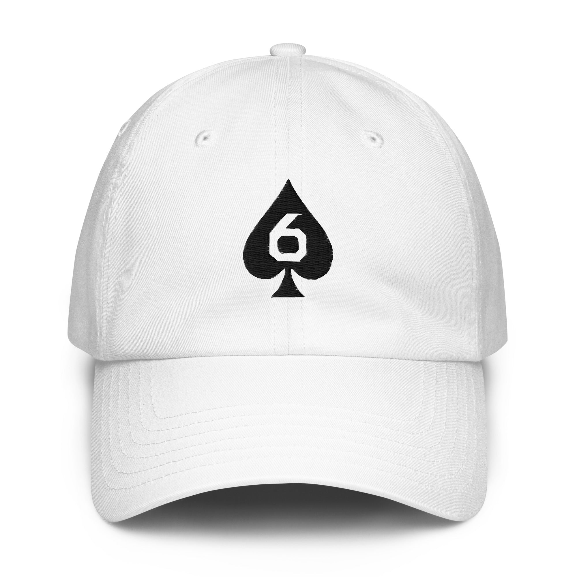 Under Armour dad hat with embroidered Six of Spades mark in White, front view