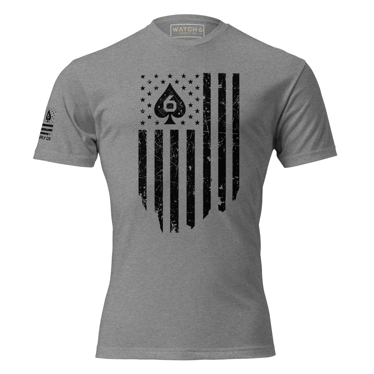 Watch Your Six Flag — Standard Issue T-Shirt — Dark Heather Gray, front view