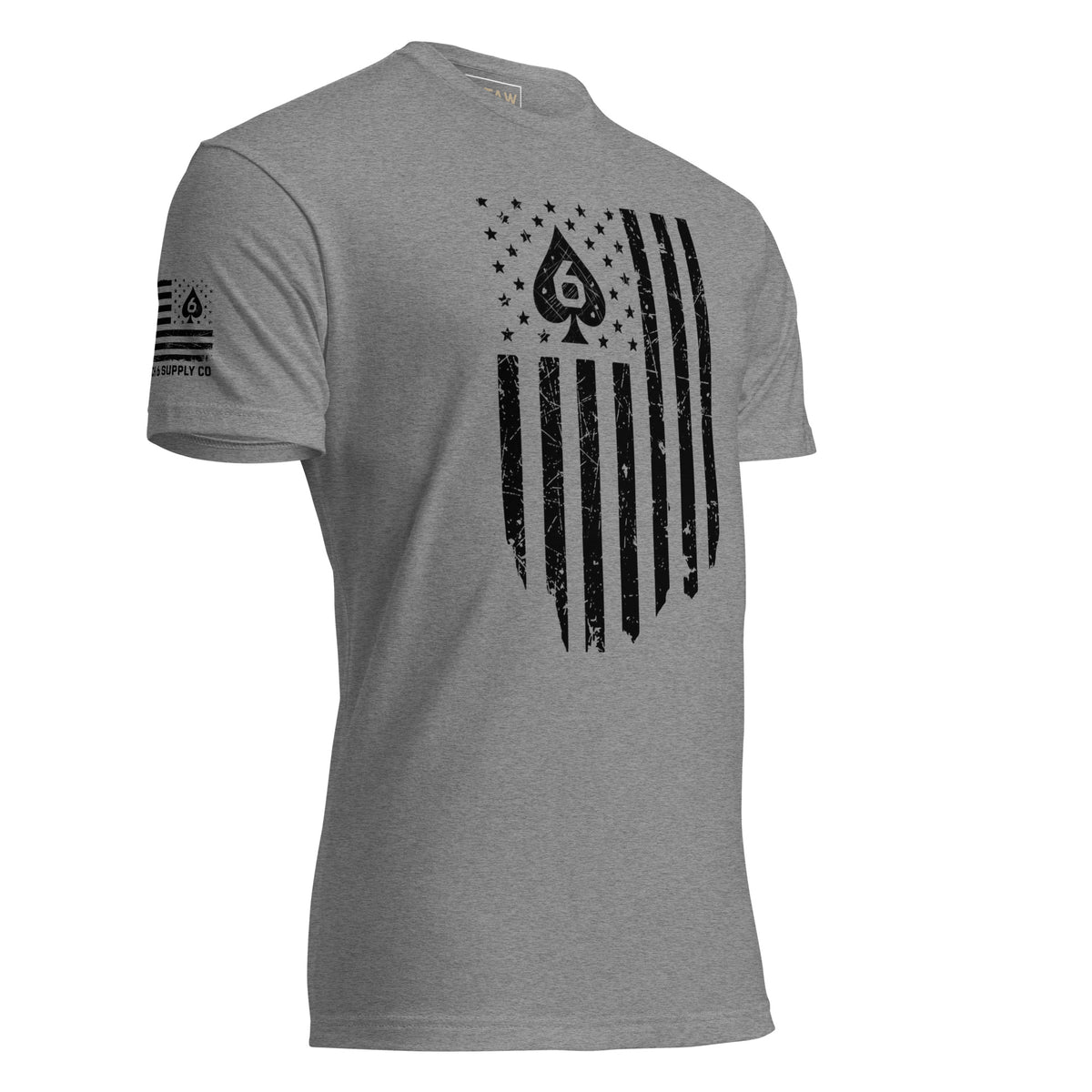 Watch Your Six Flag — Standard Issue T-Shirt — Dark Heather Gray, front-right view