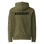 Sheriff heavyweight duty and RAID hoodie with full sleeve identifiers in Army, back view