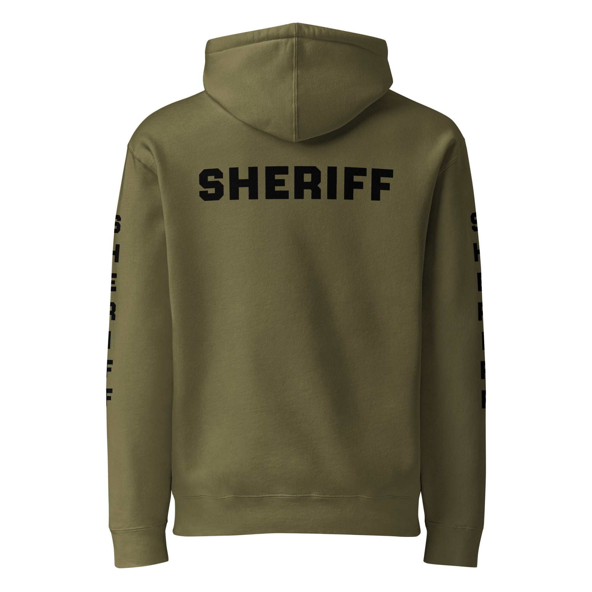 Sheriff heavyweight duty and RAID hoodie with full sleeve identifiers in Army, back view