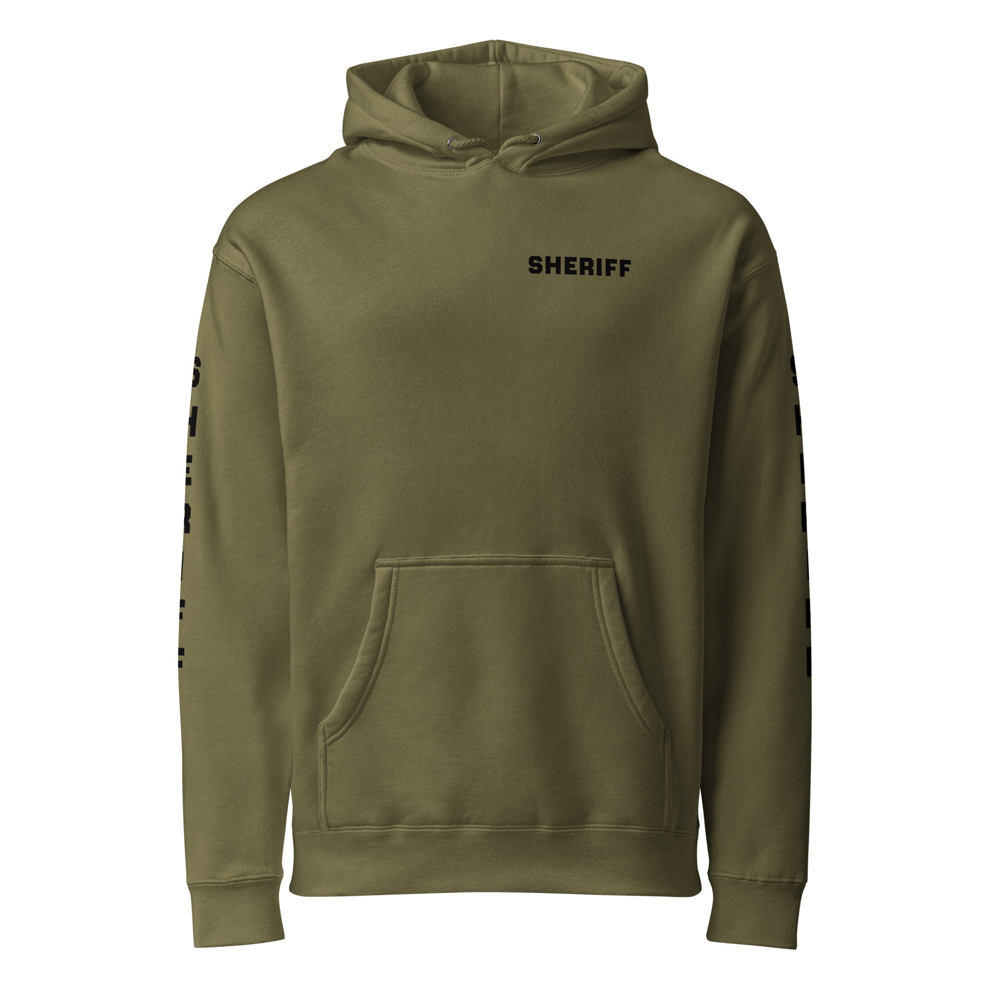 Sheriff heavyweight duty and RAID hoodie with full sleeve identifiers in Army, front view