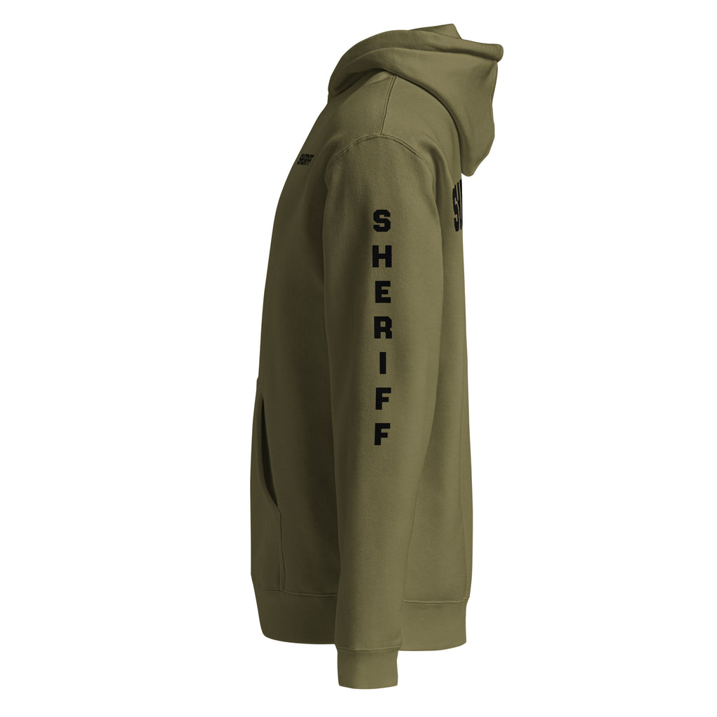 Sheriff heavyweight duty and RAID hoodie with full sleeve identifiers in Army, left view