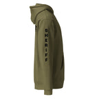 Sheriff heavyweight duty and RAID hoodie with full sleeve identifiers in Army, right view