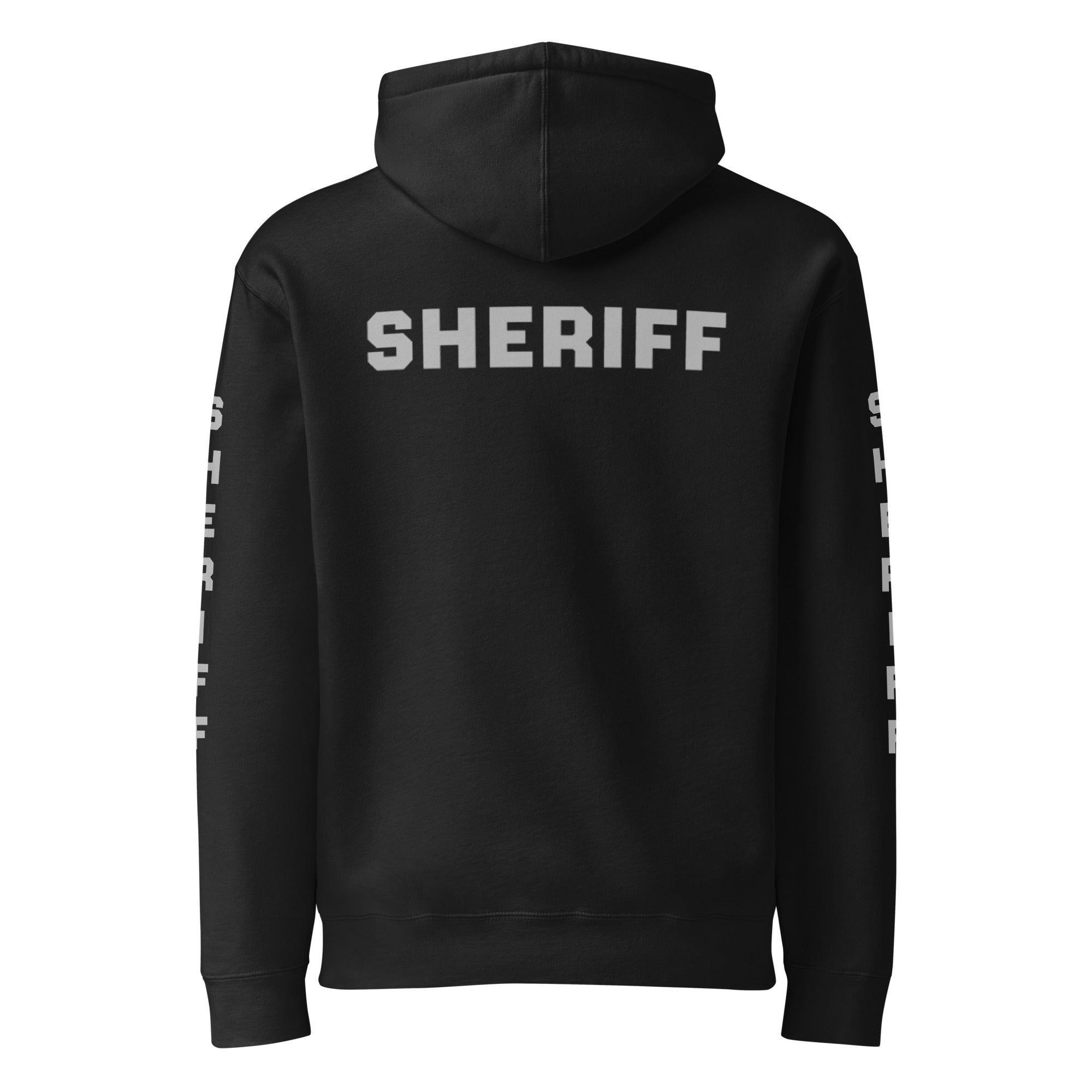 Sheriff heavyweight duty and RAID hoodie with full sleeve identifiers in Black, back view