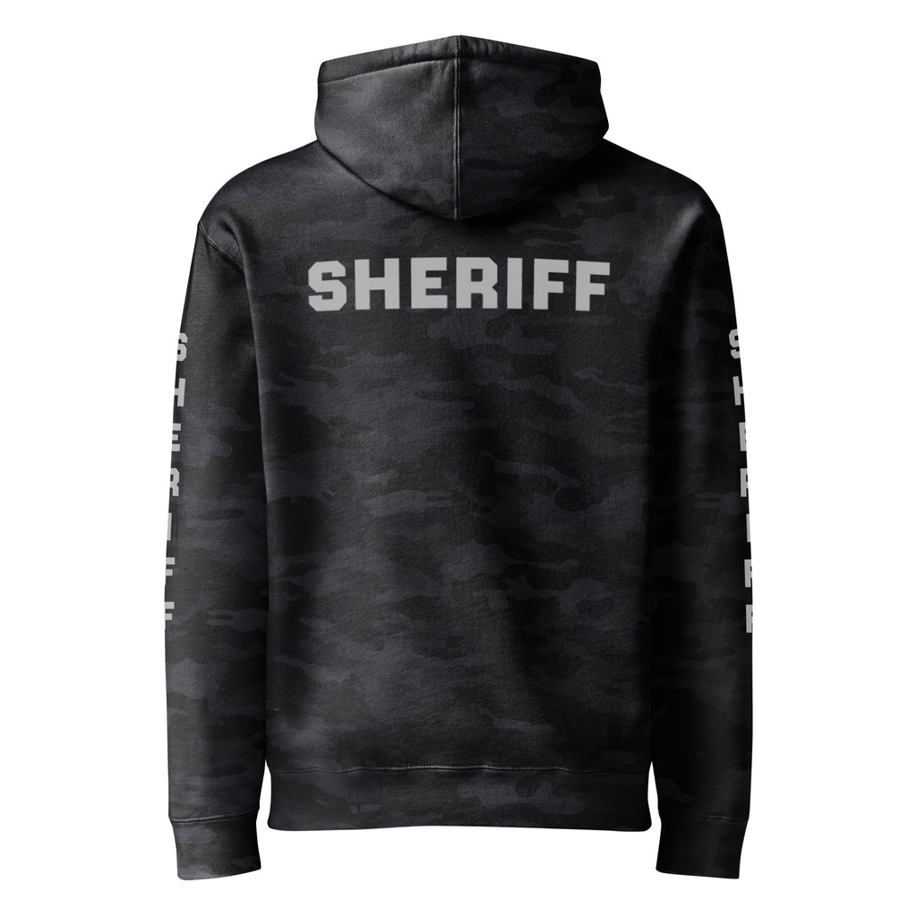 Sheriff heavyweight duty and RAID hoodie with full sleeve identifiers in Black Camo, back view