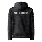 Sheriff heavyweight duty and RAID hoodie with full sleeve identifiers in Black Camo, back view