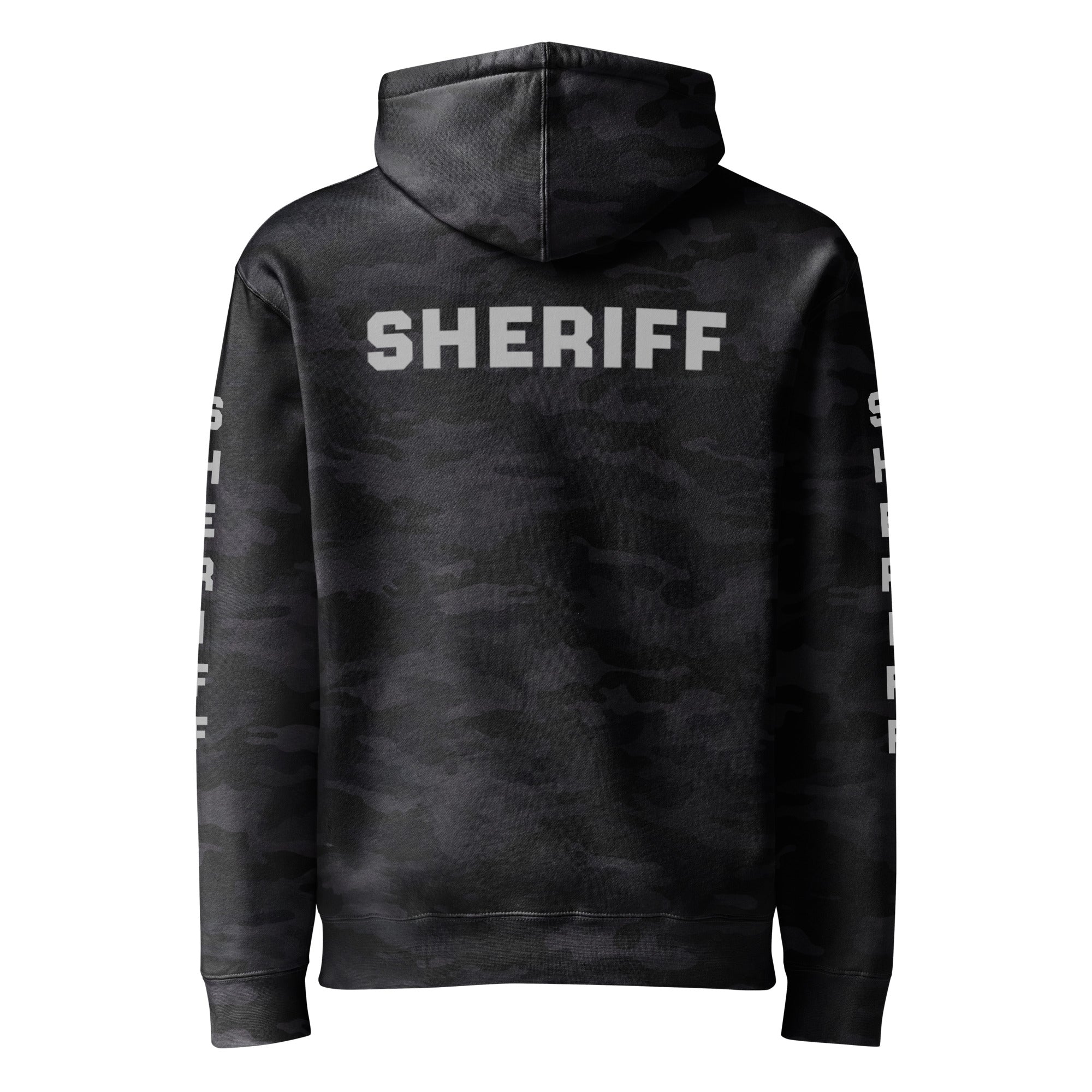 Sheriff heavyweight duty and RAID hoodie with full sleeve identifiers in Black Camo, back view