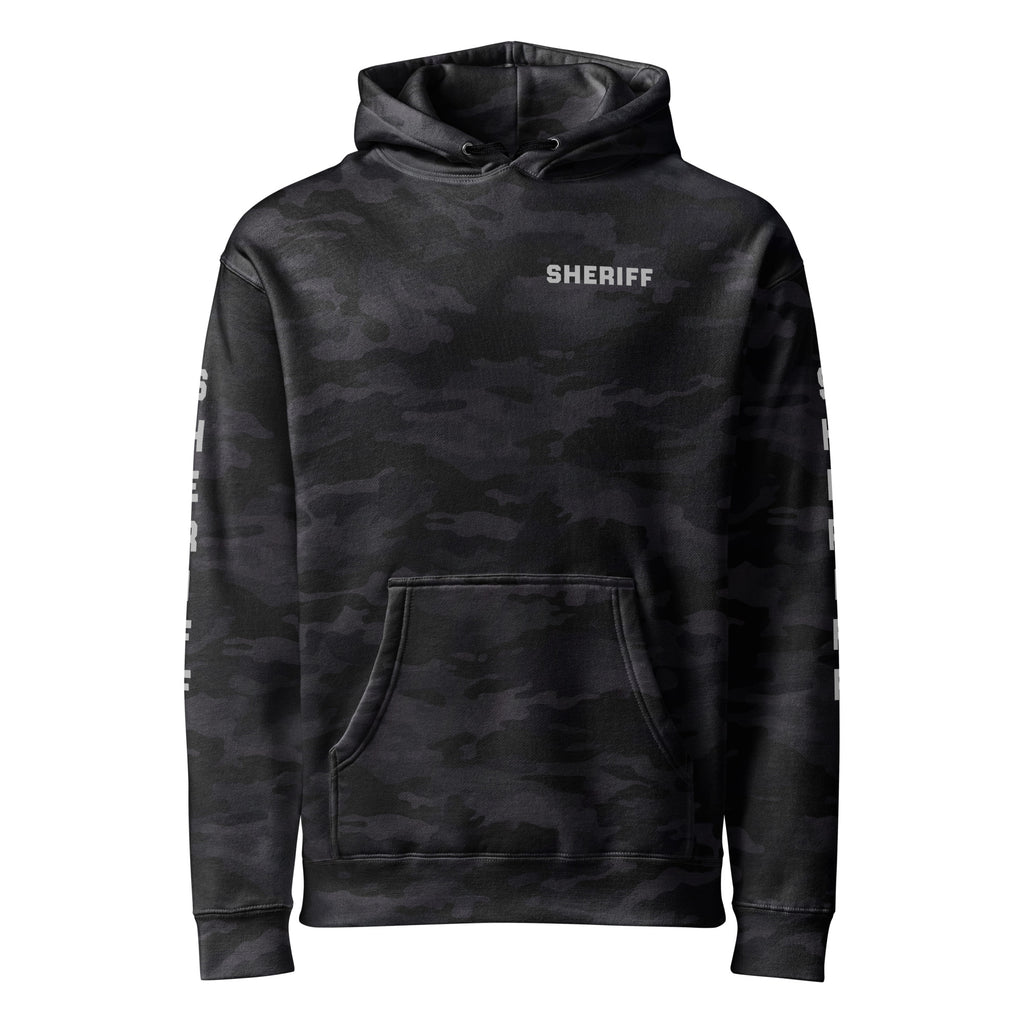 Sheriff heavyweight duty and RAID hoodie with full sleeve identifiers in Black Camo, front view
