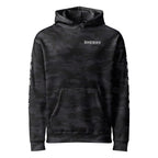 Sheriff heavyweight duty and RAID hoodie with full sleeve identifiers in Black Camo, front view