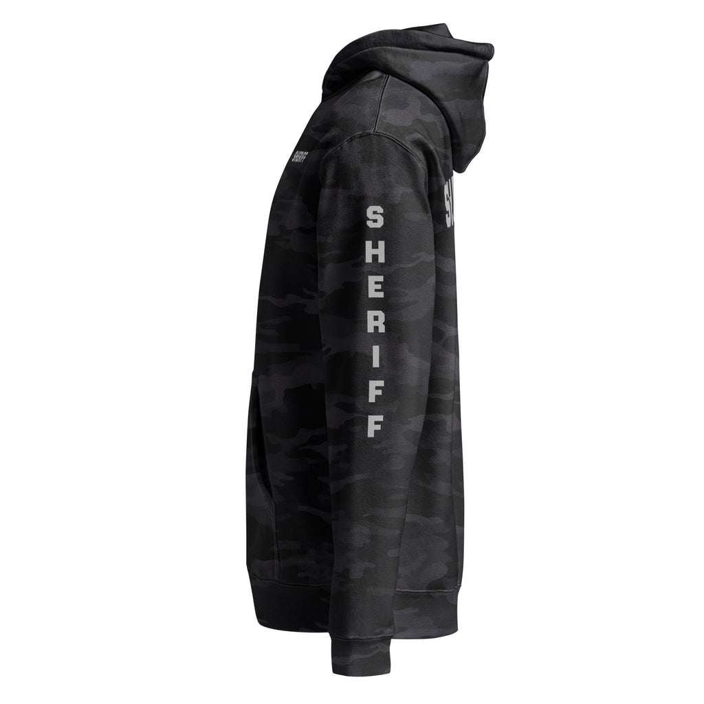 Sheriff heavyweight duty and RAID hoodie with full sleeve identifiers in Black Camo, left view