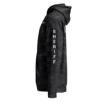 Sheriff heavyweight duty and RAID hoodie with full sleeve identifiers in Black Camo, left view
