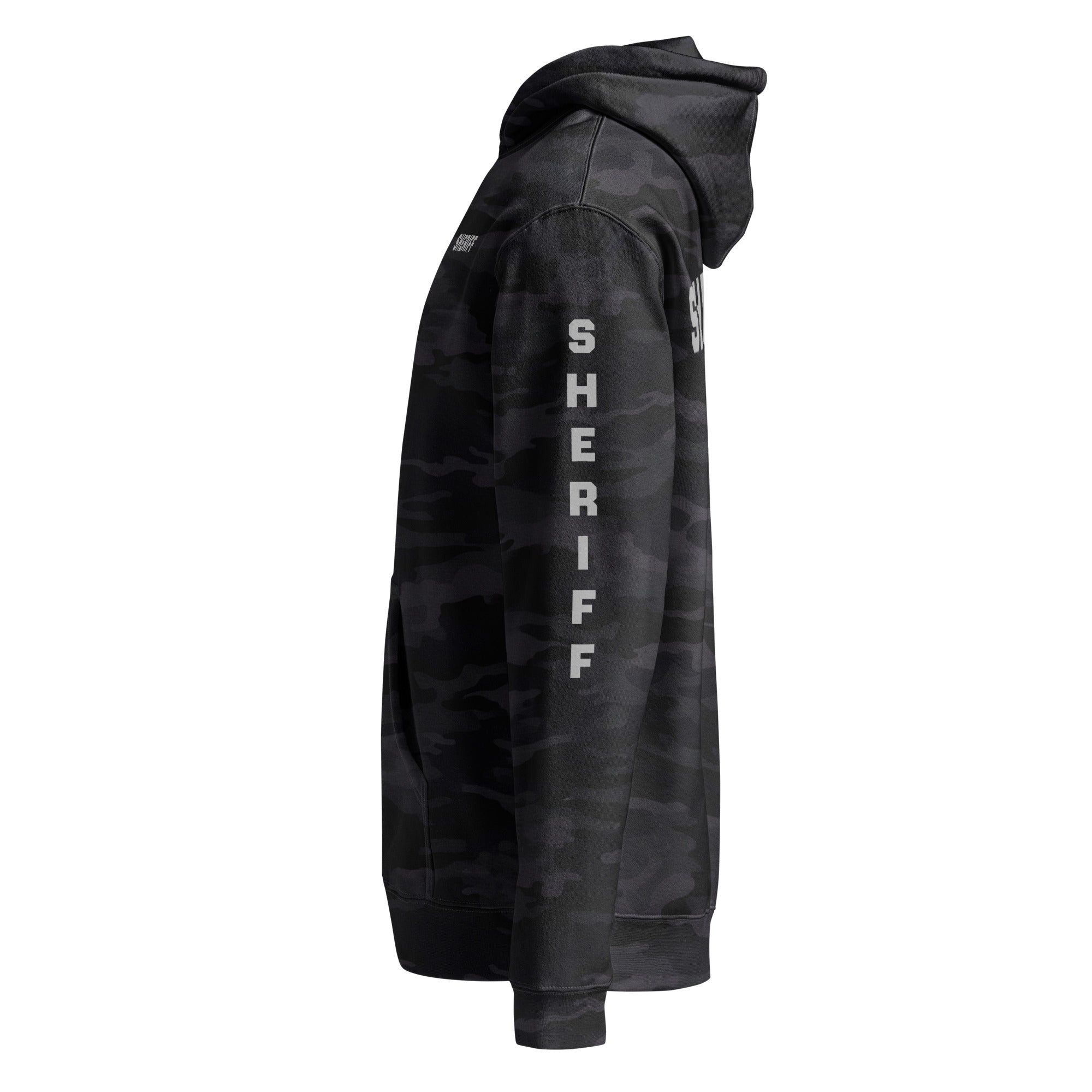 Sheriff heavyweight duty and RAID hoodie with full sleeve identifiers in Black Camo, left view