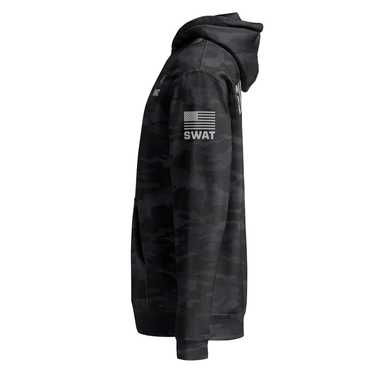 SWAT — Duty Wear Heavyweight Hoodie (Flag & Sleeve Identifier) — Black Camo — Left-side view