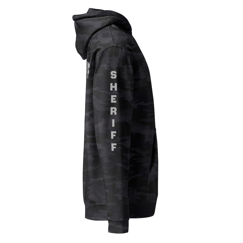 Sheriff heavyweight duty and RAID hoodie with full sleeve identifiers in Black Camo, right view