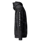 Sheriff heavyweight duty and RAID hoodie with full sleeve identifiers in Black Camo, right view