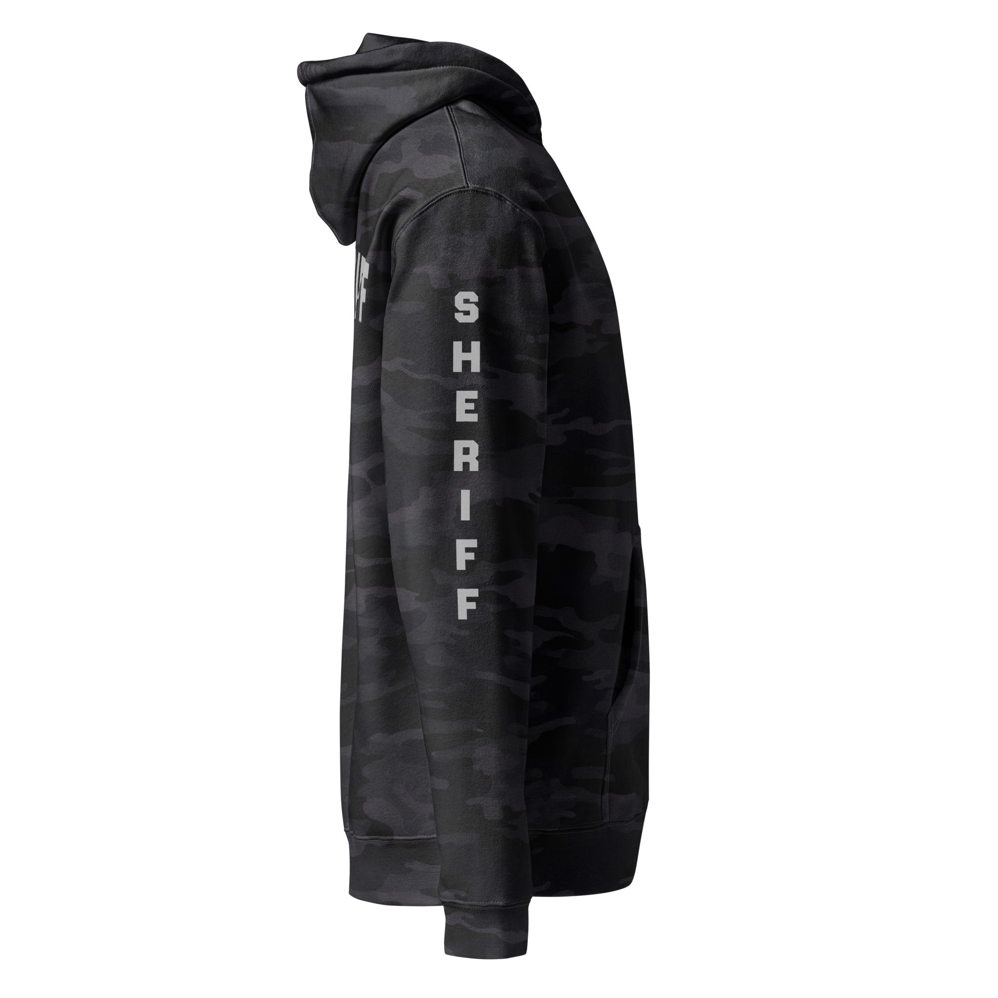 Sheriff heavyweight duty and RAID hoodie with full sleeve identifiers in Black Camo, right view