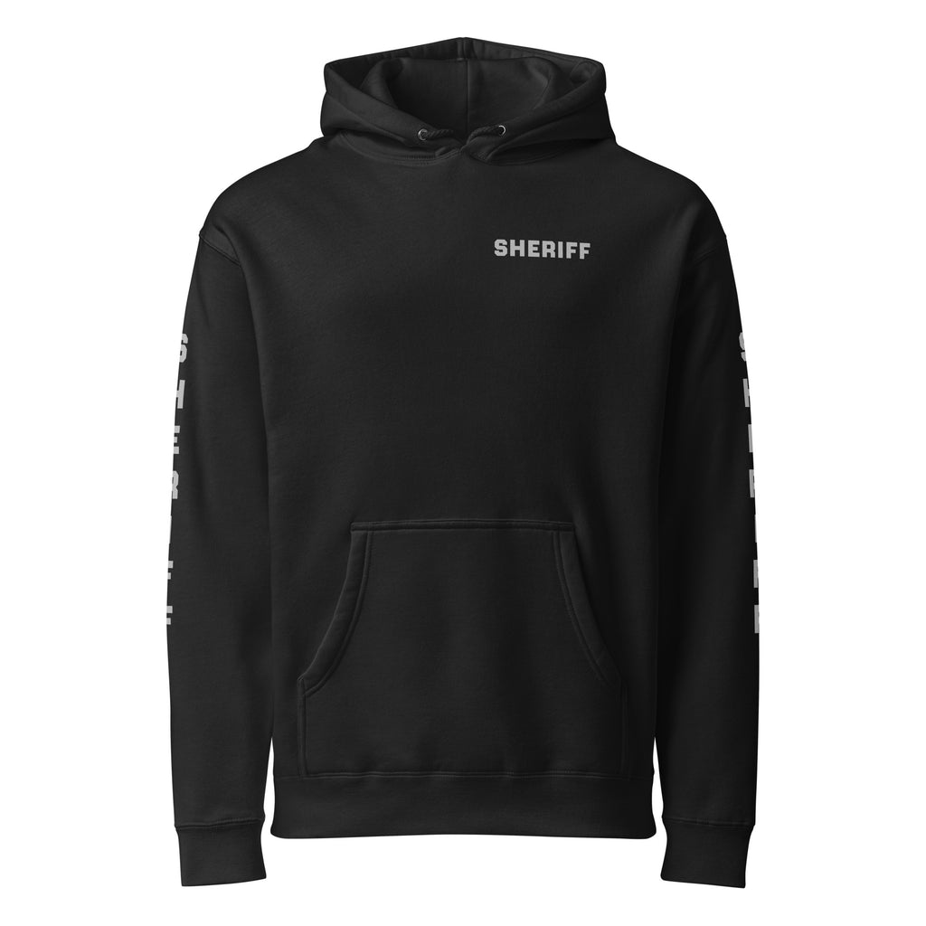 Sheriff heavyweight duty and RAID hoodie with full sleeve identifiers in Black, front view