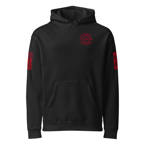 Fire Rescue heavyweight duty hoodie with dual sleeve identifiers in Black, front view