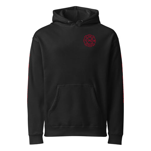 Fire Rescue heavyweight duty hoodie with full sleeve identifiers in Black, front view