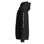 Sheriff heavyweight duty and RAID hoodie with full sleeve identifiers in Black, left view