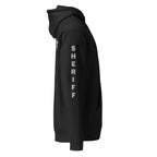 Sheriff heavyweight duty and RAID hoodie with full sleeve identifiers in Black, right view