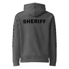 Sheriff heavyweight duty and RAID hoodie with full sleeve identifiers in Charcoal Solid, back view