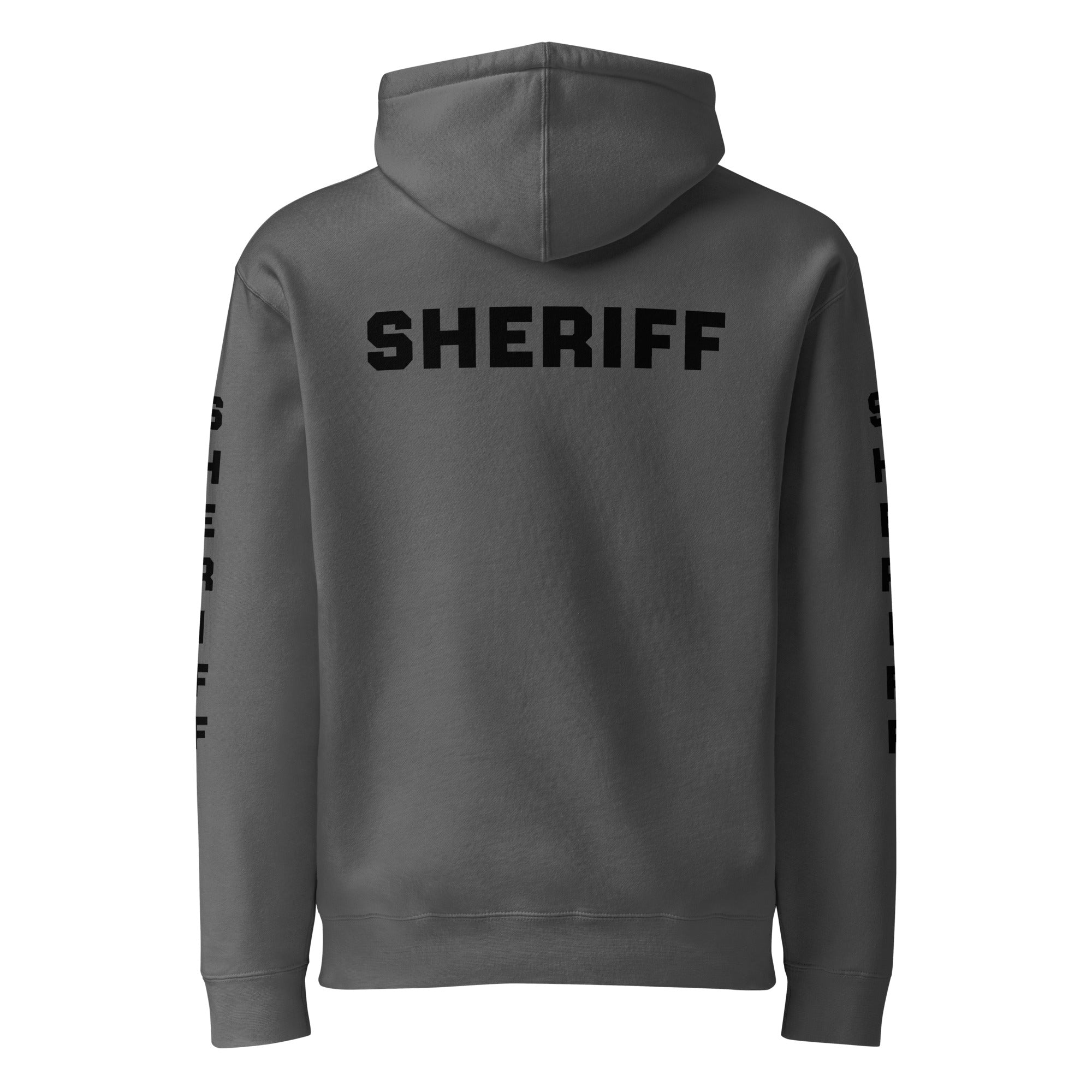 Sheriff heavyweight duty and RAID hoodie with full sleeve identifiers in Charcoal Solid, back view