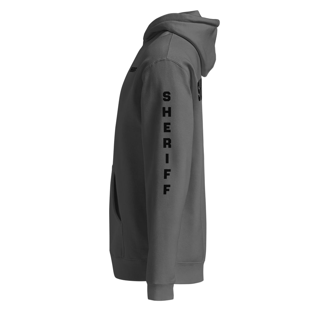 Sheriff heavyweight duty and RAID hoodie with full sleeve identifiers in Charcoal Solid, left view