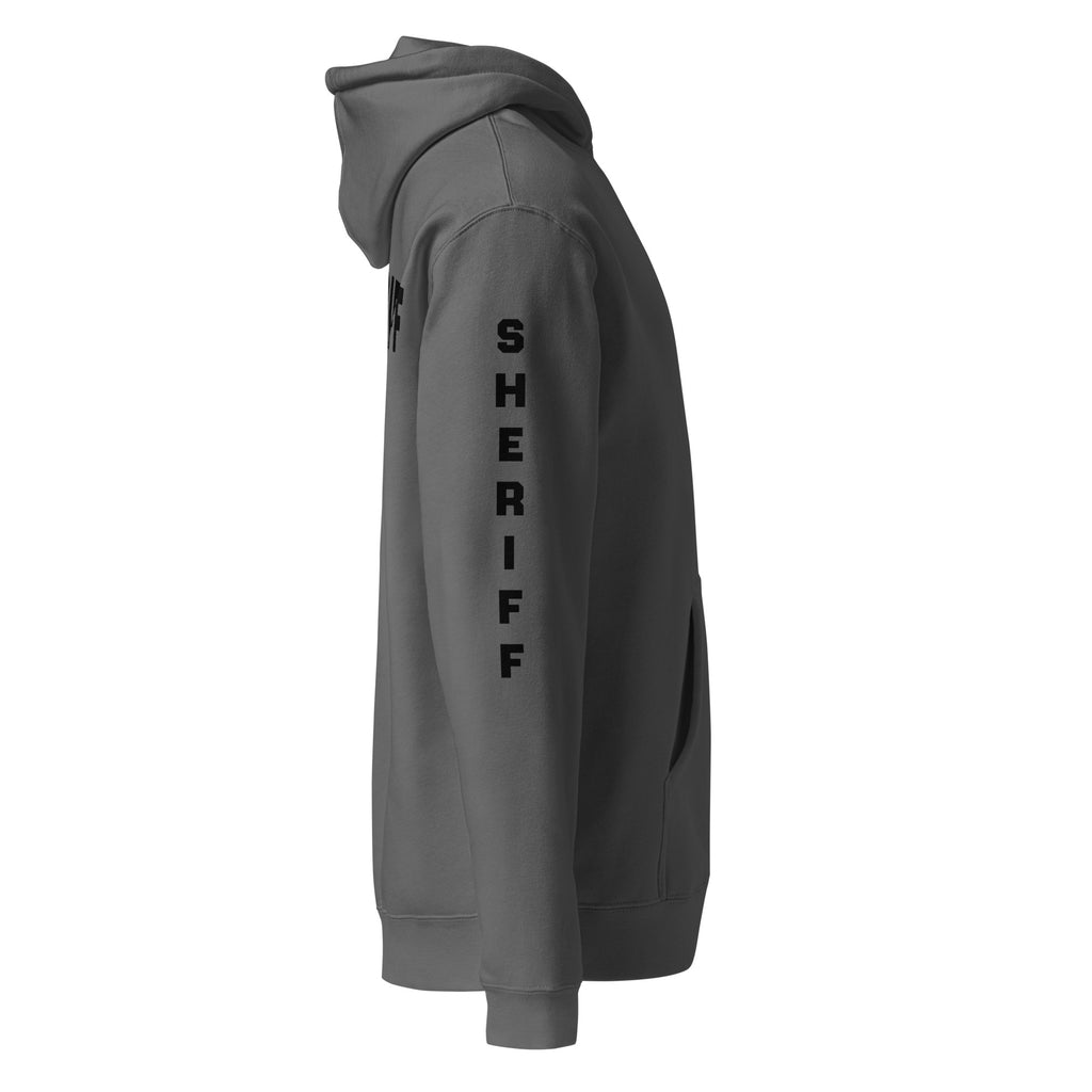 Sheriff heavyweight duty and RAID hoodie with full sleeve identifiers in Charcoal Solid, right view