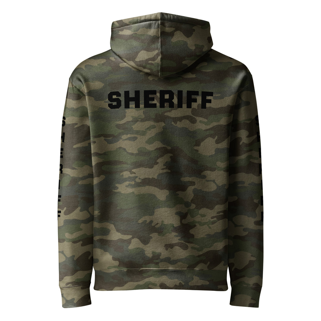 Sheriff heavyweight duty and RAID hoodie with full sleeve identifiers in Forest Camo, back view