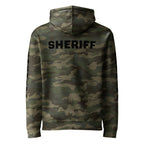 Sheriff heavyweight duty and RAID hoodie with full sleeve identifiers in Forest Camo, back view