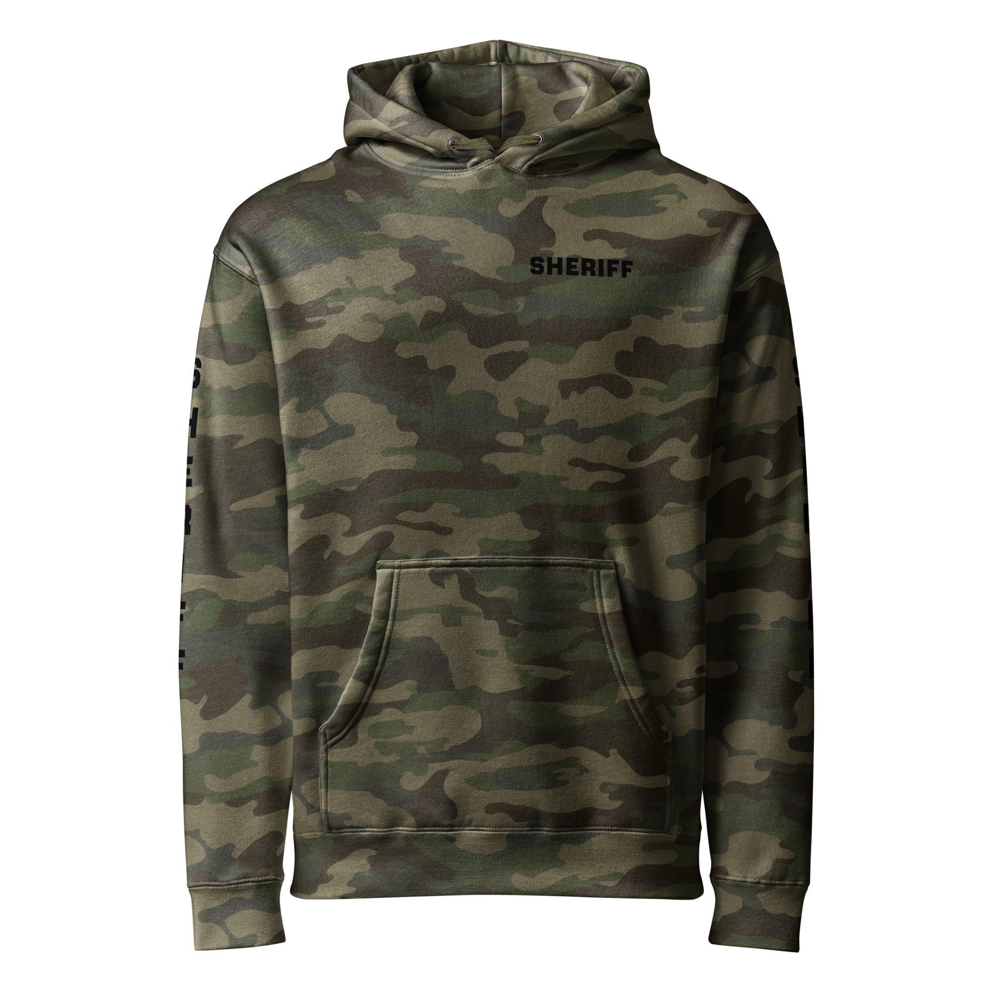 Sheriff heavyweight duty and RAID hoodie with full sleeve identifiers in Forest Camo, front view