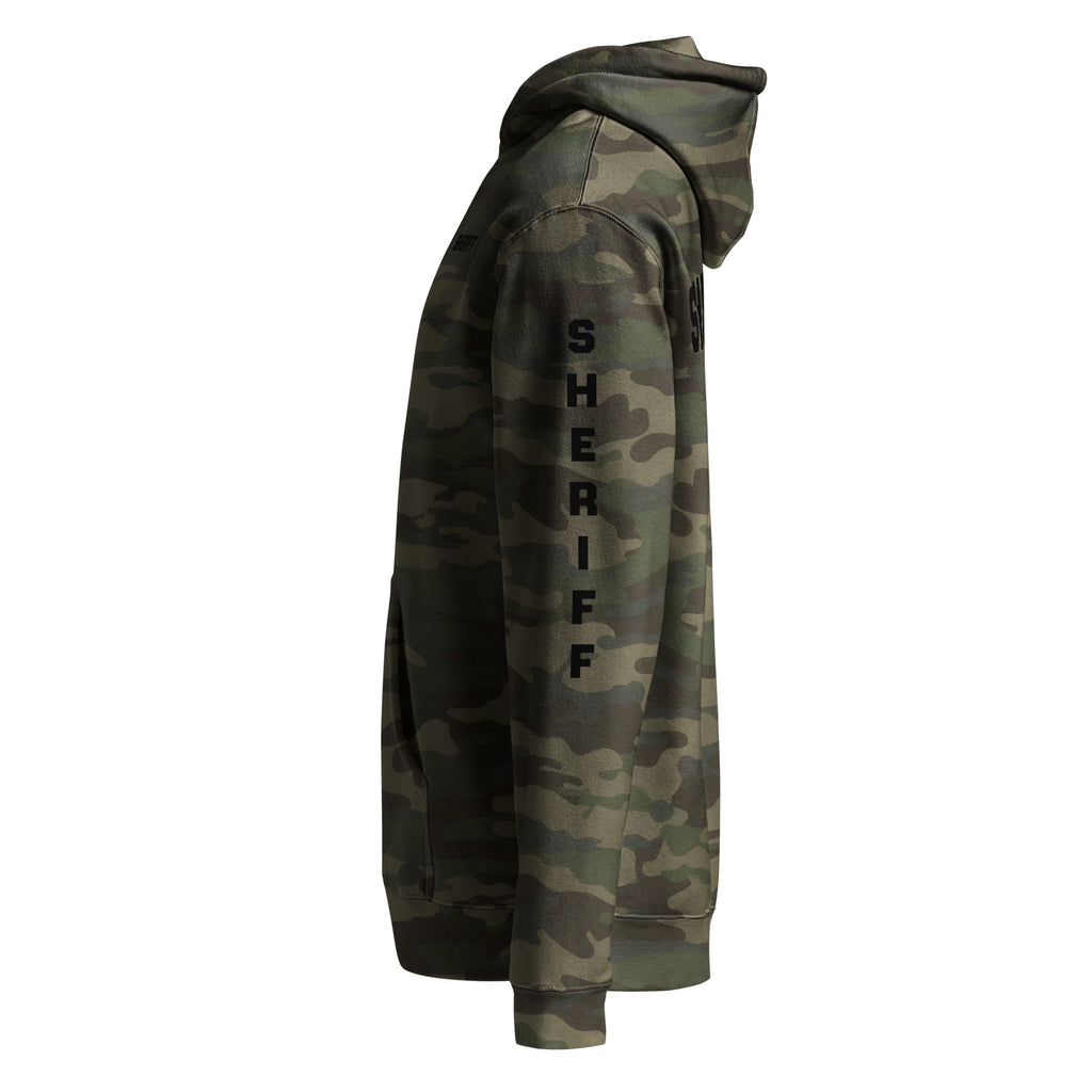 Sheriff heavyweight duty and RAID hoodie with full sleeve identifiers in Forest Camo, left view