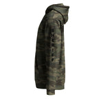 Sheriff heavyweight duty and RAID hoodie with full sleeve identifiers in Forest Camo, left view